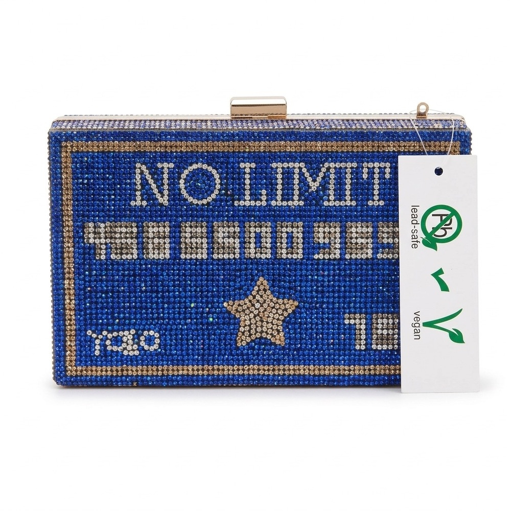 "NO LIMIT" Blue Rhinestone Credit Card Clutch Crossbody Novelty Bag NWT
